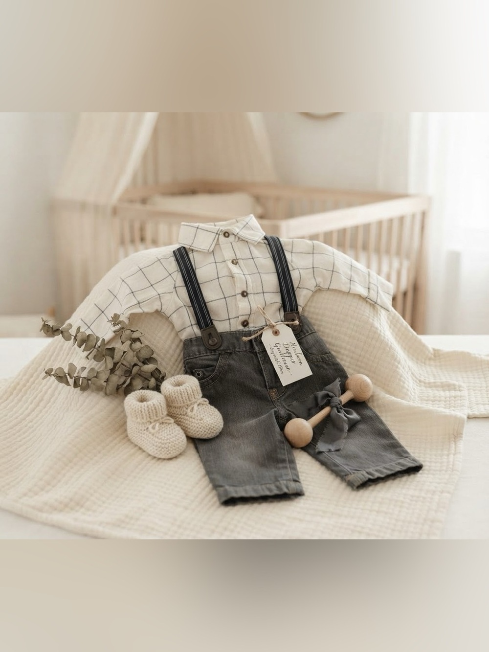 Carter's Gray Denim Overalls with Navy Straps and Cream Plaid Shirt